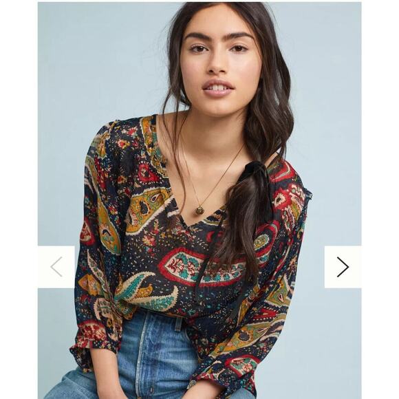 ANTHROPOLOGIE Top Size XS Velvet by Graham & Spencer Paisley Print Knit Blouse - Picture 2 of 12